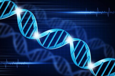 Genetik ve biyoteknolojiler. DNA molekülü mavi arkaplan üzerinde spiraller, yaratıcı illüstrasyon