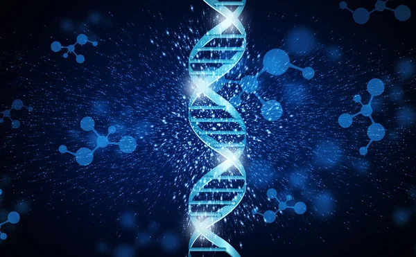 Concetto di genetica e tecnologie scientifiche. Illustrazione della molecola di DNA su sfondo blu — Foto Stock
