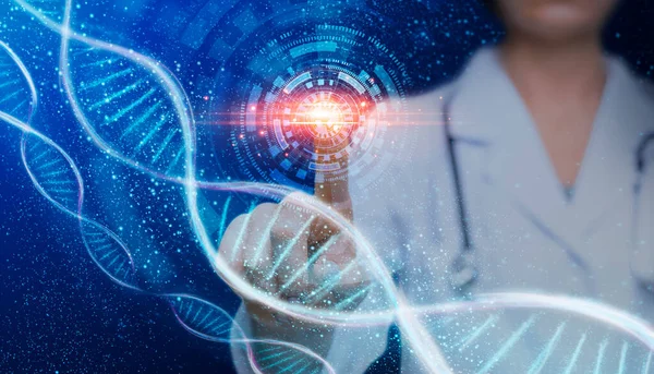 Ciência genética e medicina. Médicas mão tocando tela virtual com moléculas de DNA, colagem — Fotografia de Stock