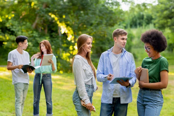 Varios compañeros de clase adolescentes étnicos descansando al aire libre entre clases, charlando y sonriendo juntos — Foto de Stock