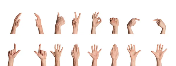 Collage de varios gestos y signos de la mano, aislado sobre fondo blanco —  Fotos de Stock