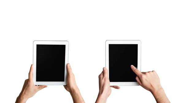 白い背景にタブレットコンピュータと男性の手のコラージュ,デザインのためのモックアップ — ストック写真