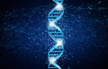 Genetik araştırma konsepti. Mavi arkaplan üzerinde parlak DNA sarmal yapısı, illüstrasyon
