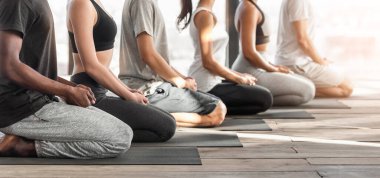Sağlık Konsepti. Yoga dersi sırasında meditasyon yapan farklı insanların yan görünümü
