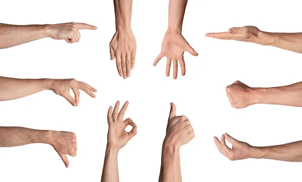 Collage con uomo irriconoscibile che mostra vari gesti isolati su bianco — Foto Stock