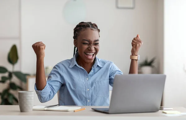 Eufórica empleada negra celebrando el éxito con el ordenador portátil en el lugar de trabajo en la oficina —  Fotos de Stock