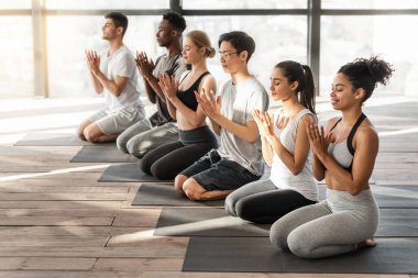Yoga dersi. Stüdyoda nilüfer çiçeği jesti yapan bir grup sporcu.