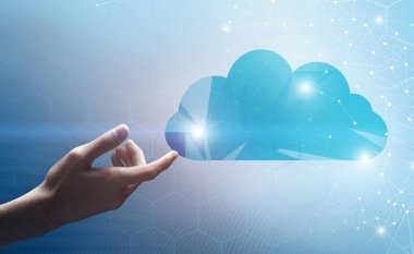 Veri Depolama. Erkek El Soyut Bulut Simgesine Çok Yönlü Kablo Bağlantılarıyla Dokunuyor