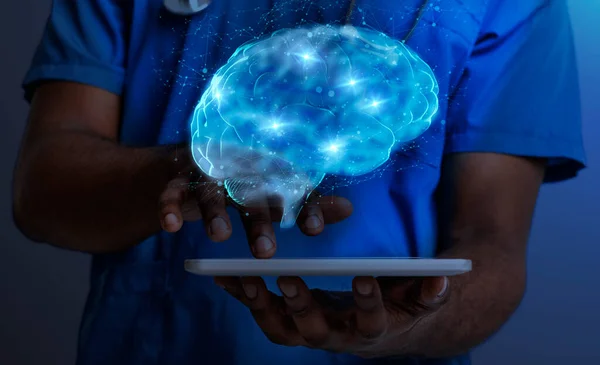 Science technologies and medicine. Black doctor holding tablet computer with holographic brain over screen, collage — Stock Photo, Image