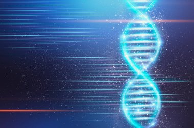 İnsan genetiği. Mavi arkaplanda parlak DNA sarmallı bir resim, boş bir alan