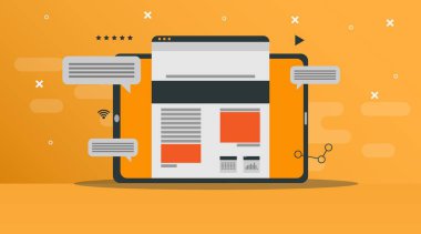 Turuncu Arkaplanda Web İçeriği Simgeleri olan Dijital Tablet, Vektör