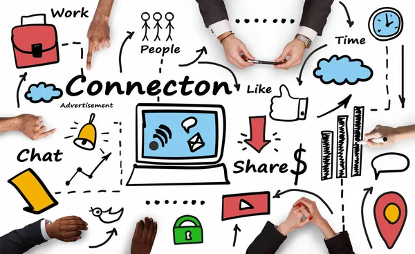 Redes de pessoas usando gadgets, fundo branco, colagem com ícones da Internet — Fotografia de Stock