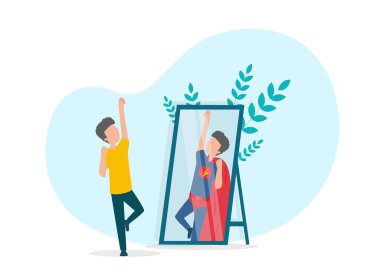 Çocuk kendini aynadaki süper kahraman olarak görüyor, beyaz arka plan.