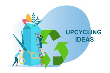 Upcycling ideas for secondary use of waste. People reusing milk carton on white background, vector illustration clipart