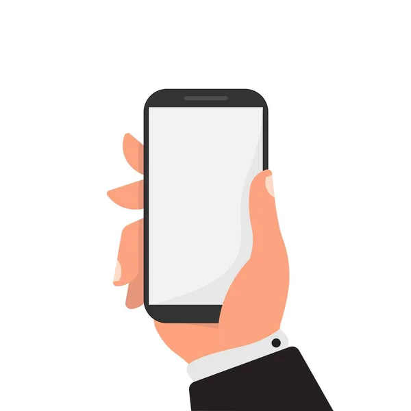 Smartphone de mano para hombres de negocios con pantalla en blanco, fondo blanco, ilustración — Vector de stock