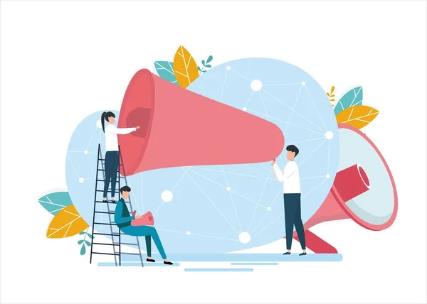 Millennial People Communicating Using Megaphone Over White Background, Conceptual Illustration — Stockový vektor