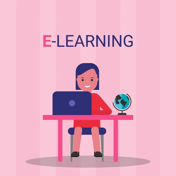 Lány a Laptop Learning Online ül rózsaszín háttér, illusztráció — Stock Vector