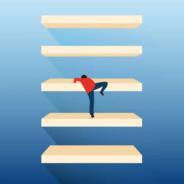 Man Climbing Up Ladder Steps On Blue Background, Square, Vector — Stock Vector