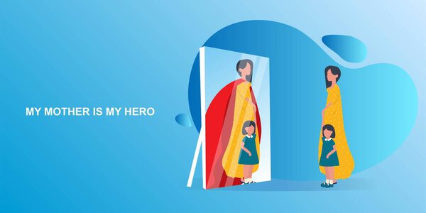 Daughter Seeing Mothers Reflection As Superhero, Blue Background, Illustration