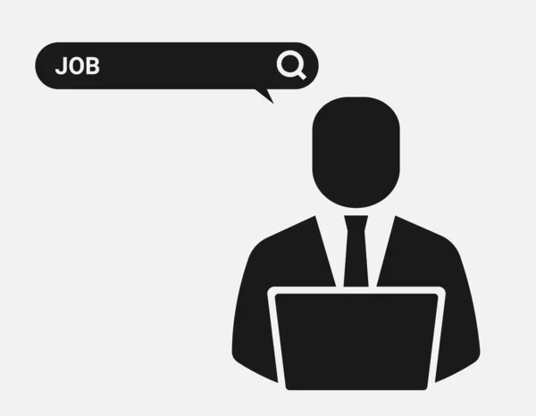 Empresario en el ordenador portátil buscando empleo en Internet, ilustración en blanco y negro — Vector de stock
