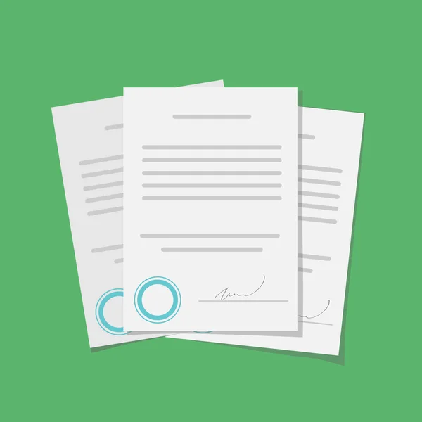Εικονογράφηση διανύσματος για υπογεγραμμένο συμβόλαιο ή έγγραφο με σφραγίδα πάνω από το πράσινο φόντο — Διανυσματικό Αρχείο