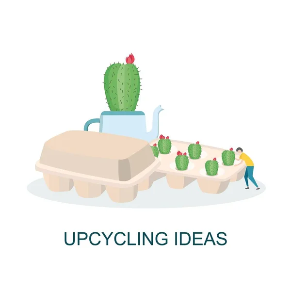 Idee upcycling. Scatole di uova e vecchia teiera utilizzata per coltivare piante d'appartamento su sfondo bianco, illustrazione vettoriale piatta — Vettoriale Stock
