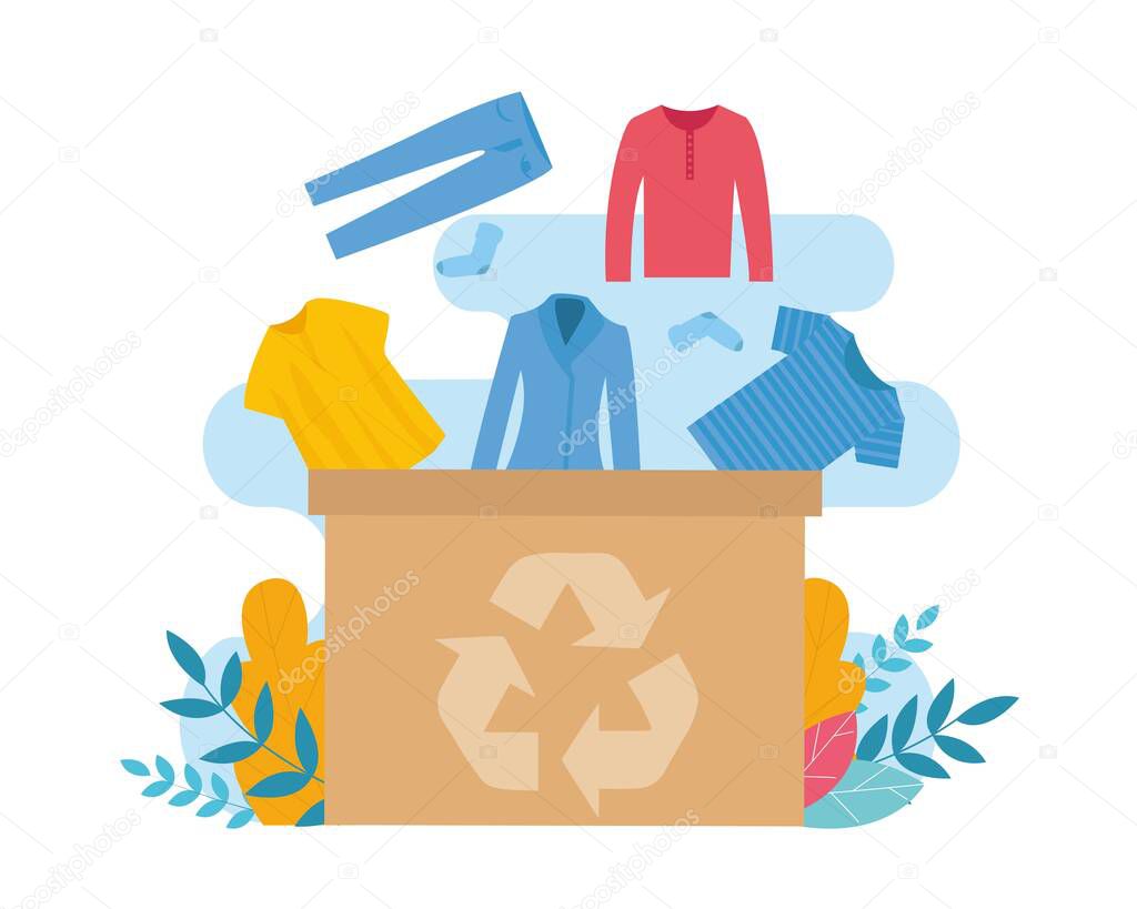 Vector illustration with carton box and old clothes for upcycling, white background