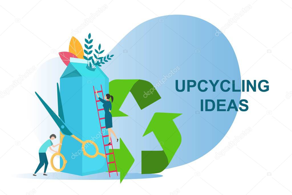 Upcycling ideas for secondary use of waste. People reusing milk carton on white background, vector illustration