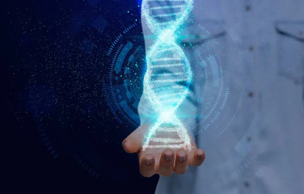 Young woman holding shiny DNA molecule in outstretched hand on blue background, collage with copy space — Stock Photo, Image