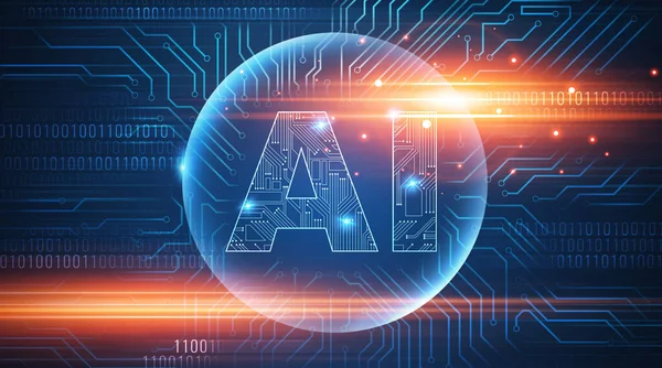 Astratto Intelligenza Artificiale AI logo su Futuristico Circuito Codice Binario sfondo — Foto Stock