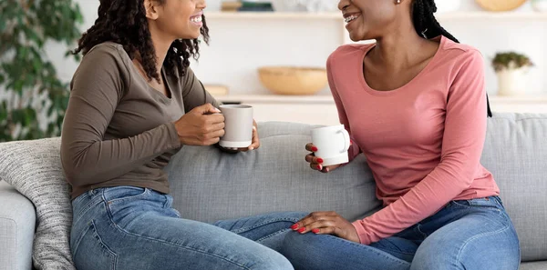 Cropped of two african ladies having conversation and drinking coffee