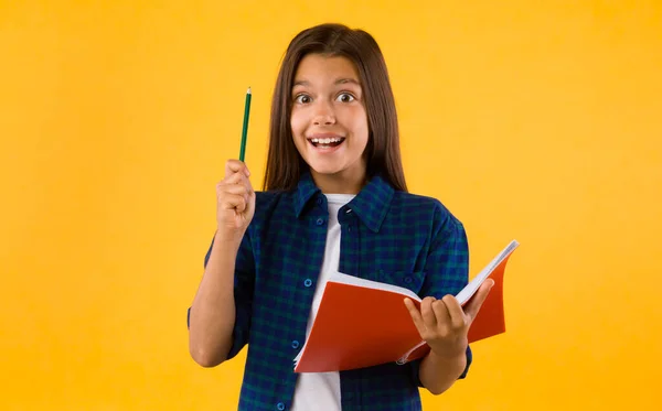 Adolescente chica celebración de pluma y portátil en el estudio — Foto de Stock