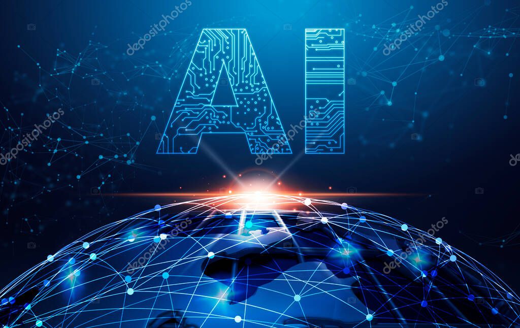 3D illustration For Artificial Intelligence Concept. Lettering AI Over Planet Earth Globe With Connection Dots Over Dark Background