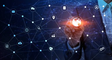 Global Business Network. İş adamı dijital ekranda dünya küresi simgesine dokunuyor