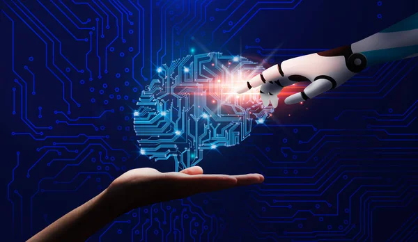Human And Robotic Hand Touching Circuit Board Brain Over Abstract Futuristic Background — Stock Photo, Image