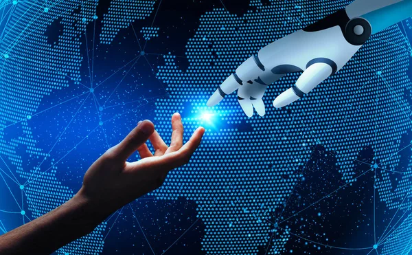 Cooperação de Inteligência Humana e Artificial. Mão masculina e robótica alcançando um ao outro — Fotografia de Stock