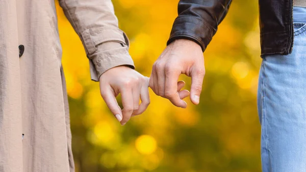 Hombre y mujer sosteniendo los dedos sobre el fondo del parque de otoño — Foto de Stock
