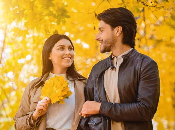 Güzel çift sonbahar ormanında buluşmanın tadını çıkarıyor. — Stok fotoğraf