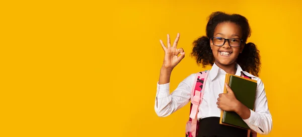 Afrikansk skolflicka Gesturing OK håller böcker över gul bakgrund, Panorama — Stockfoto