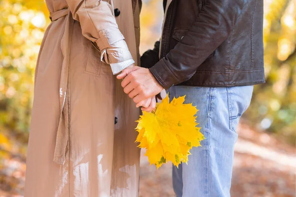 Cultivado de mujer sosteniendo racimo de hojas doradas y hombre —  Fotos de Stock