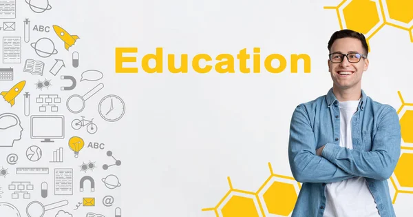 Young School Teacher Man Standing Posing Over White Background, Collage — Stock Photo, Image