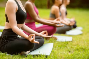 Genç kadınların parkta meditasyon ya da yoga yaparken nefes alışlarını yakından izleyin.