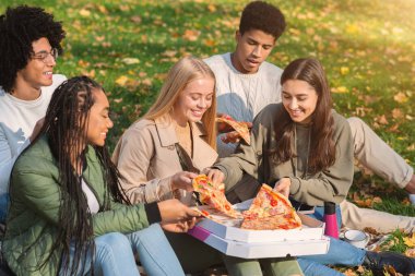 Parkta pizza yiyen aç genç arkadaşlar.
