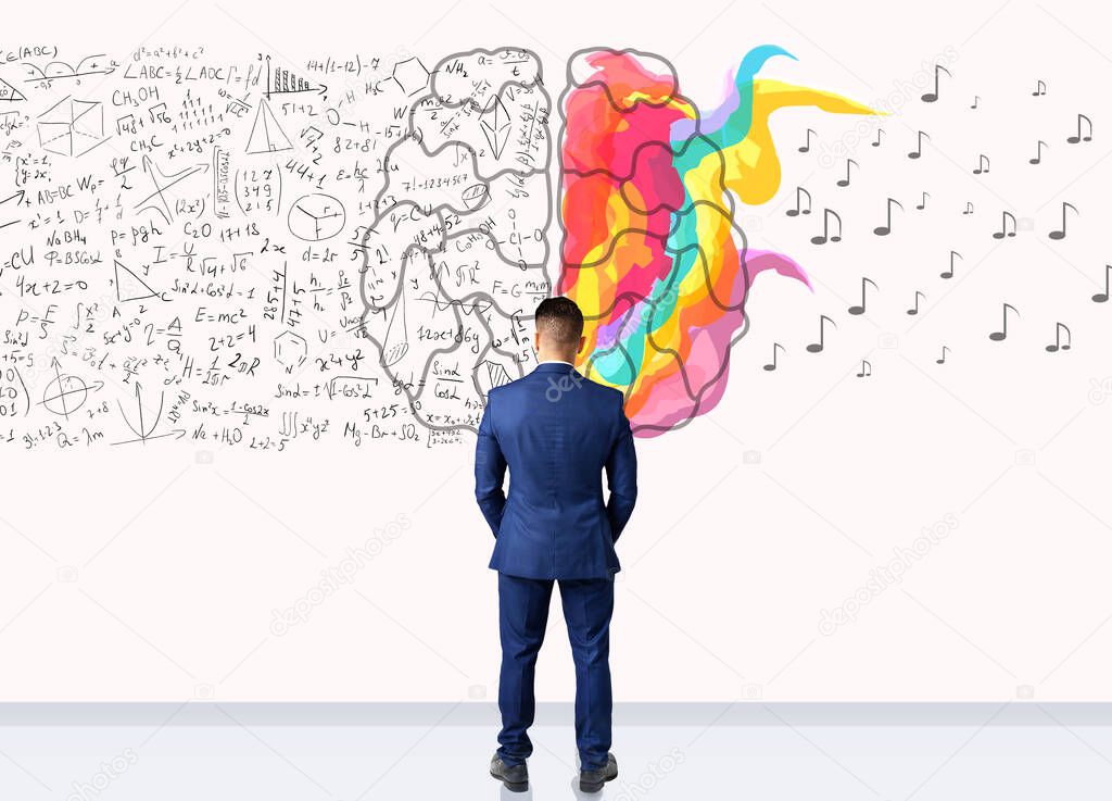 Businessman Standing Over White Background With Brain Halves, Back View