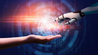 Yapay Zeka Konsepti. Cyborg El Soyut İkili Arkaplan Üzerinde İnsan Eline Erişiyor