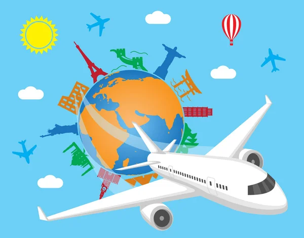 Airplane over globe with famous showplaces. vector image — Stock Vector