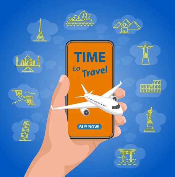 Ręczne trzymanie telefonu komórkowego z czasem podróży i samolotu — Wektor stockowy
