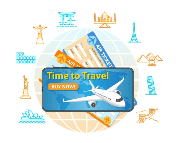 Airline tickets, smartphone with time to travel text and airplane — Stock Vector