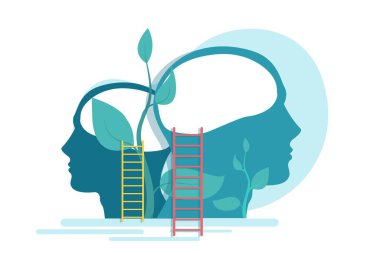 Ekoloji İllüstrasyonu, İçinde Bitkiler Olan İki Kafa Silüeti, Beyaz Arkaplan