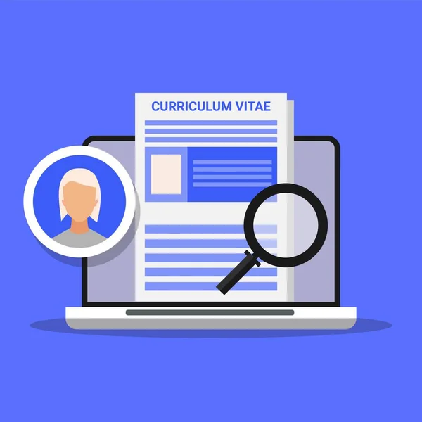 Laptop with Job Applicants Curriculum Vitae Over Blue Background, Ilustracja — Wektor stockowy